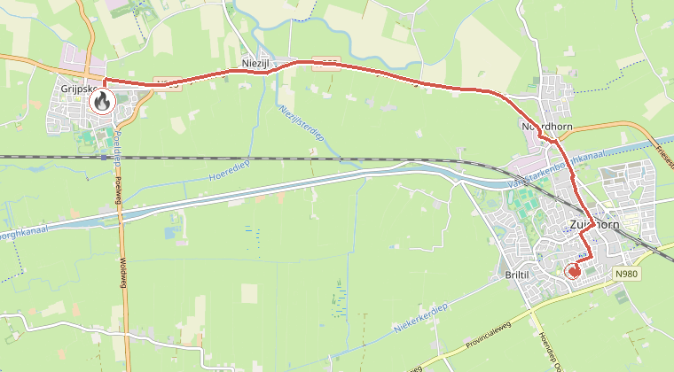 Kaart van de omgeving van de melding, met de kazerne die is gealarmeerd