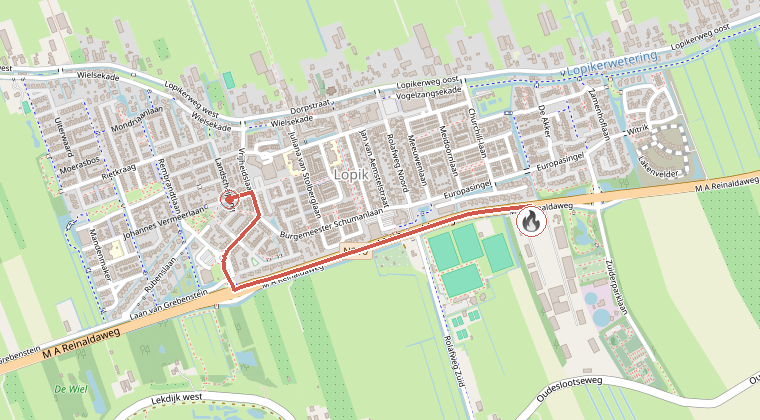 Kaart van de omgeving van de melding, met de kazerne die is gealarmeerd