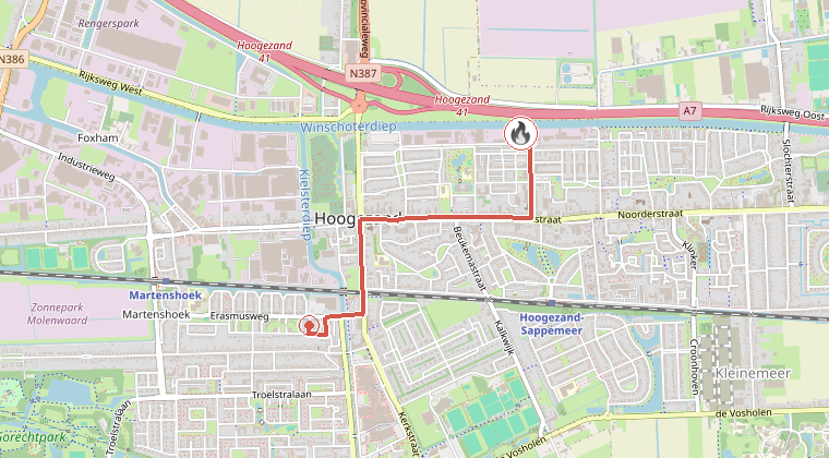 Kaart van de omgeving van de melding, met de kazerne die is gealarmeerd