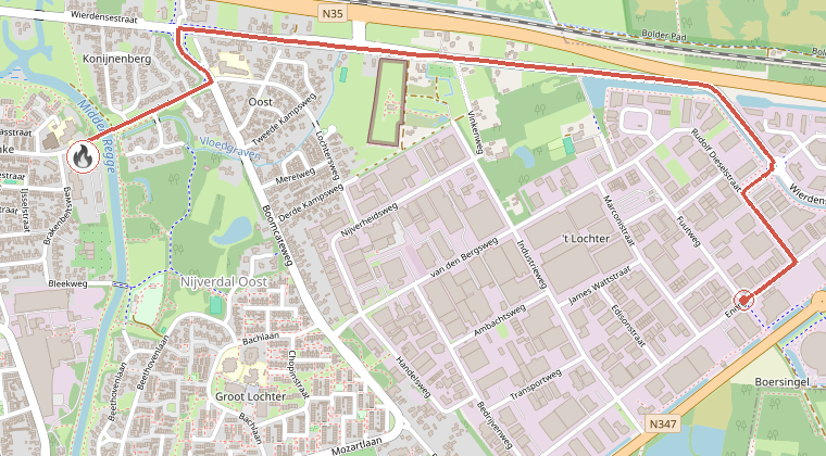 Kaart van de omgeving van de melding, met de kazerne die is gealarmeerd