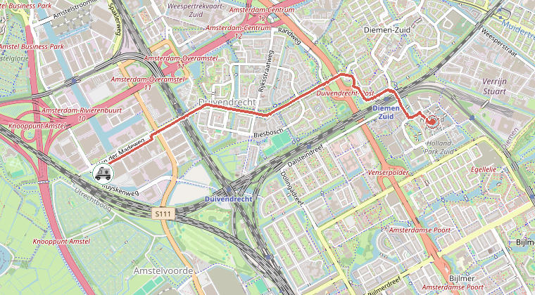 Kaart van de omgeving van de melding, met de kazerne die is gealarmeerd