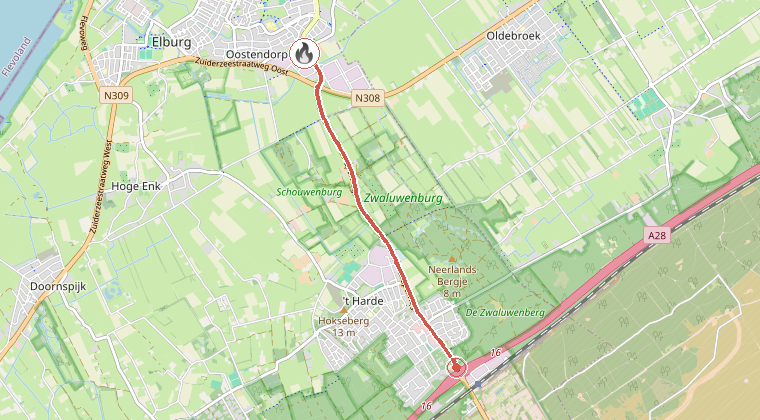 Kaart van de omgeving van de melding, met de kazerne die is gealarmeerd