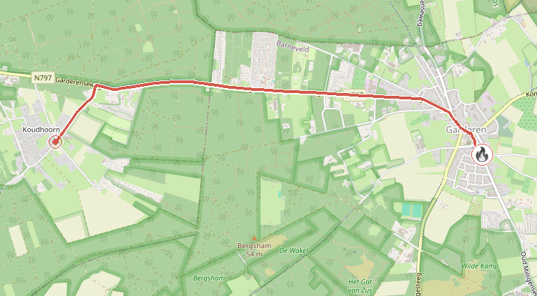 Kaart van de omgeving van de melding, met de kazerne die is gealarmeerd
