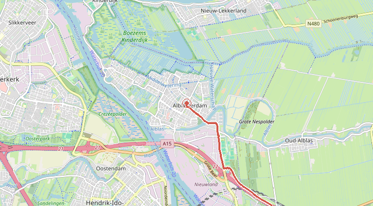 Kaart van de omgeving van de melding, met de kazerne die is gealarmeerd