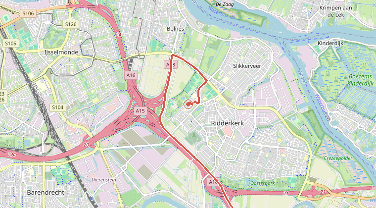 Kaart van de omgeving van de melding, met de kazerne die is gealarmeerd