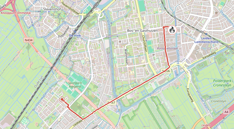 Kaart van de omgeving van de melding, met de kazerne die is gealarmeerd