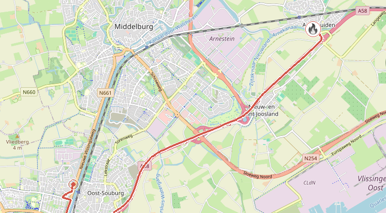 Kaart van de omgeving van de melding, met de kazerne die is gealarmeerd