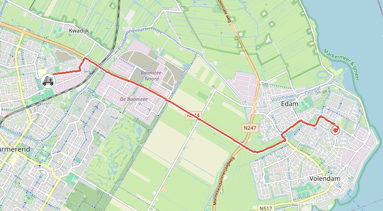 Kaart van de omgeving van de melding, met de kazerne die is gealarmeerd