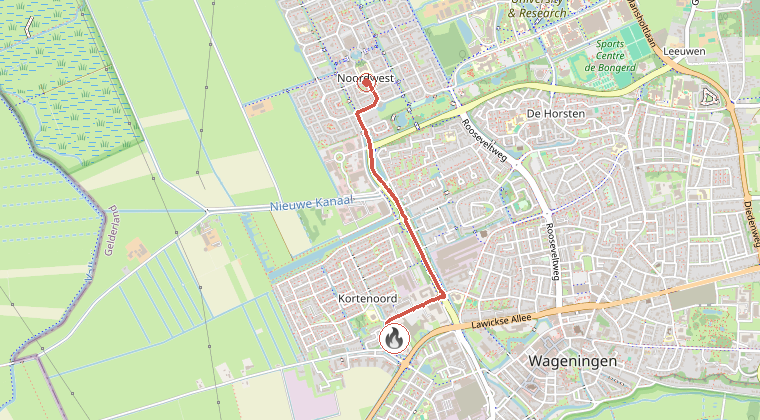 Kaart van de omgeving van de melding, met de kazerne die is gealarmeerd