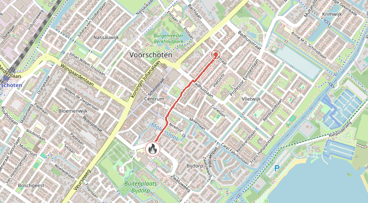 Kaart van de omgeving van de melding, met de kazerne die is gealarmeerd