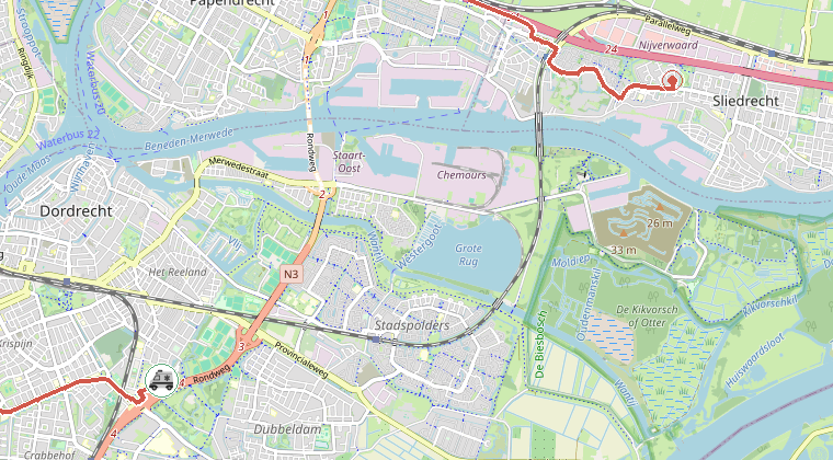 Kaart van de omgeving van de melding, met de kazerne die is gealarmeerd