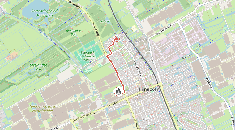 Kaart van de omgeving van de melding, met de kazerne die is gealarmeerd