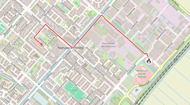 Kaart van de omgeving van de melding, met de kazerne die is gealarmeerd