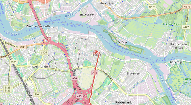 Kaart van de omgeving van de melding, met de kazerne die is gealarmeerd