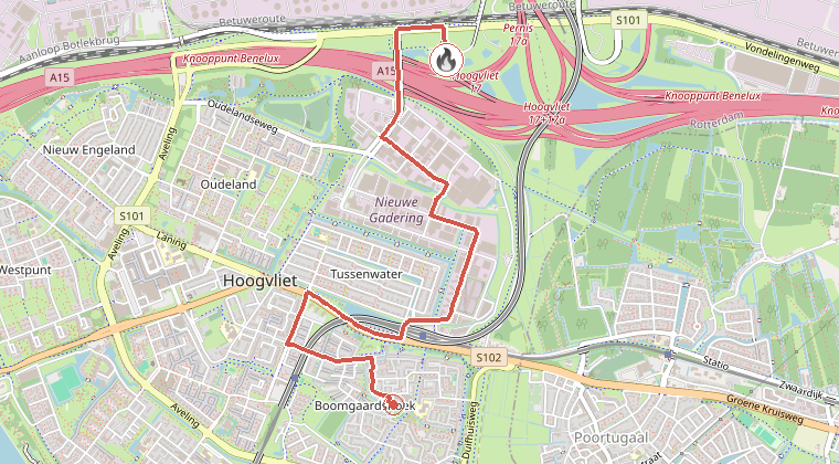 Kaart van de omgeving van de melding, met de kazerne die is gealarmeerd