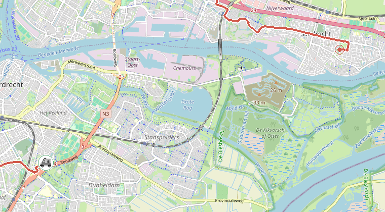 Kaart van de omgeving van de melding, met de kazerne die is gealarmeerd