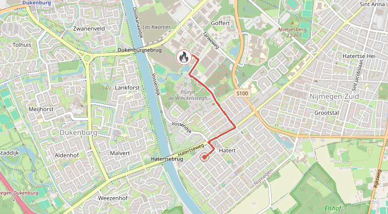 Kaart van de omgeving van de melding, met de kazerne die is gealarmeerd