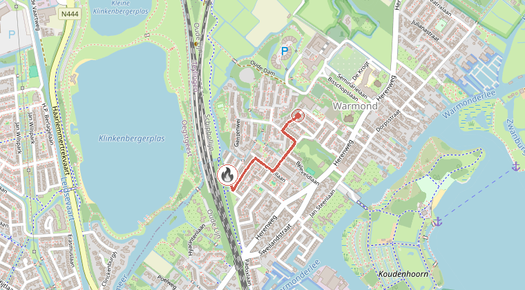 Kaart van de omgeving van de melding, met de kazerne die is gealarmeerd