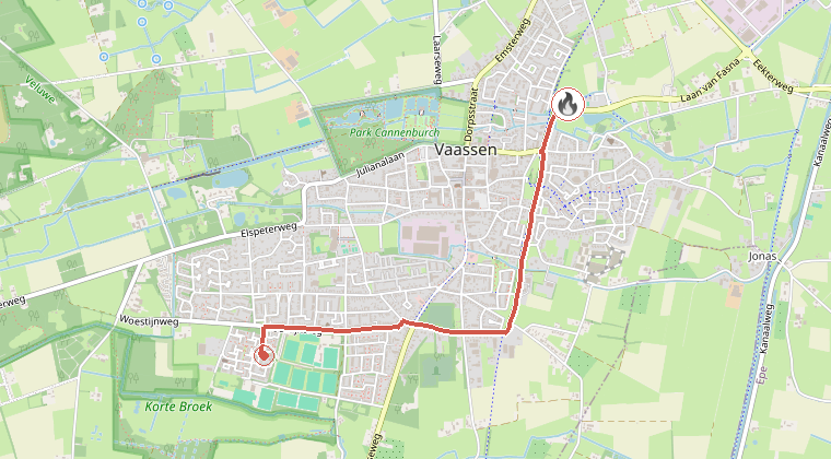 Kaart van de omgeving van de melding, met de kazerne die is gealarmeerd