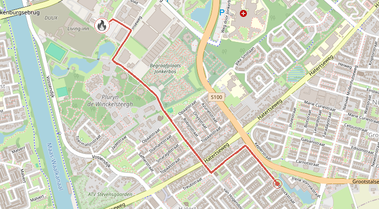 Kaart van de omgeving van de melding, met de kazerne die is gealarmeerd
