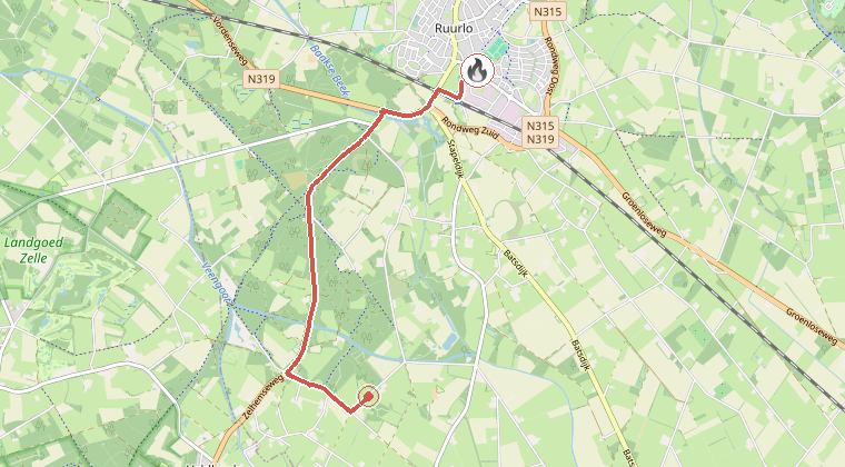 Kaart van de omgeving van de melding, met de kazerne die is gealarmeerd