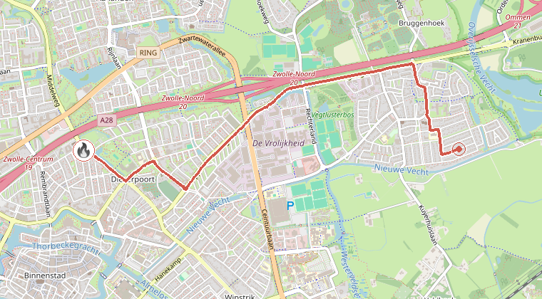 Kaart van de omgeving van de melding, met de kazerne die is gealarmeerd