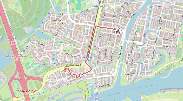 Kaart van de omgeving van de melding, met de kazerne die is gealarmeerd