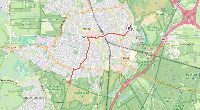 Kaart van de omgeving van de melding, met de kazerne die is gealarmeerd