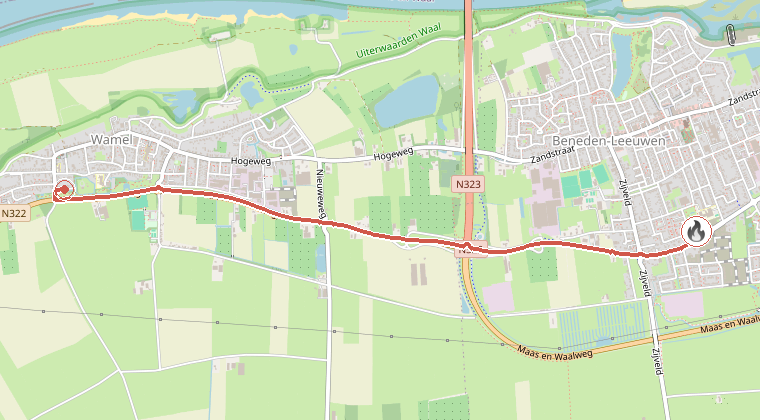 Kaart van de omgeving van de melding, met de kazerne die is gealarmeerd