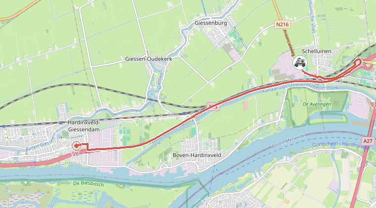 Kaart van de omgeving van de melding, met de kazerne die is gealarmeerd