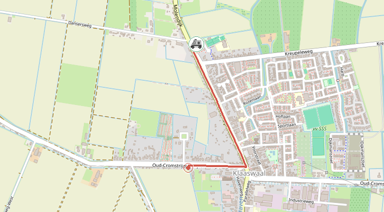 Kaart van de omgeving van de melding, met de kazerne die is gealarmeerd