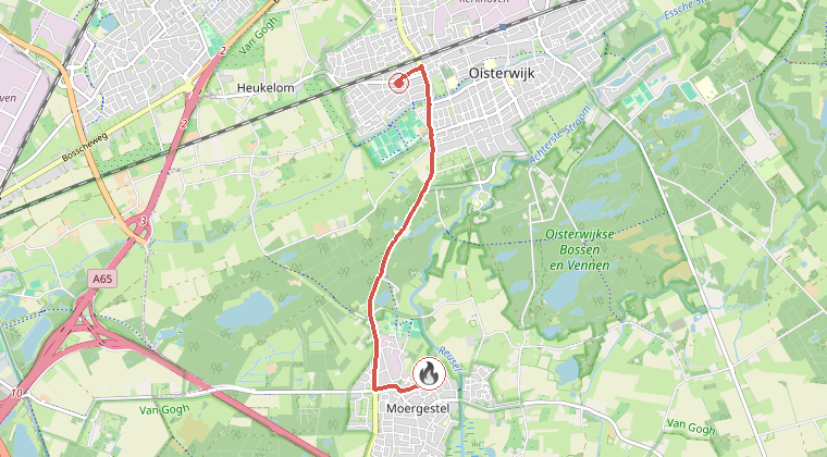 Kaart van de omgeving van de melding, met de kazerne die is gealarmeerd