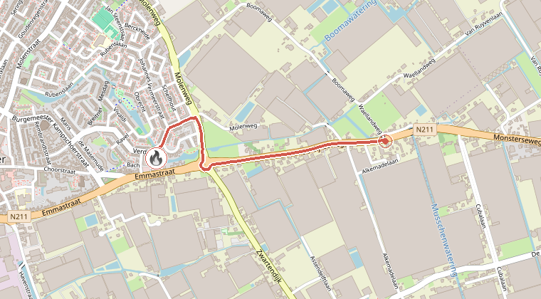 Kaart van de omgeving van de melding, met de kazerne die is gealarmeerd