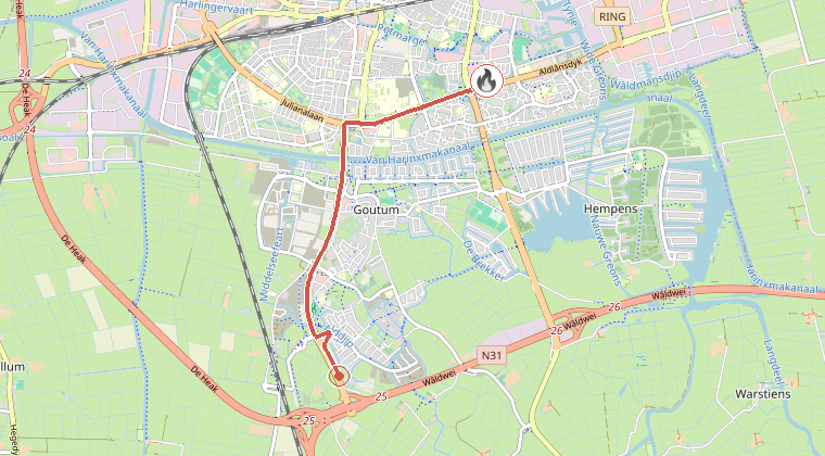 Kaart van de omgeving van de melding, met de kazerne die is gealarmeerd