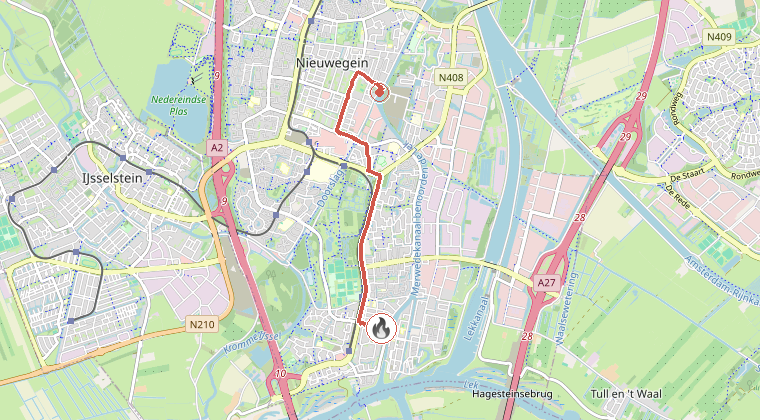 Kaart van de omgeving van de melding, met de kazerne die is gealarmeerd
