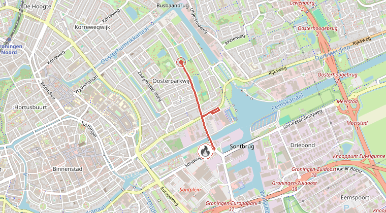 Kaart van de omgeving van de melding, met de kazerne die is gealarmeerd