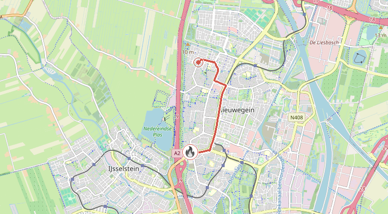 Kaart van de omgeving van de melding, met de kazerne die is gealarmeerd