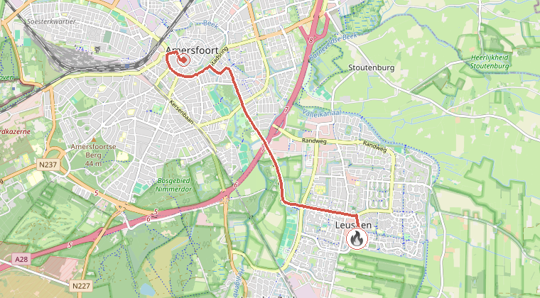 Kaart van de omgeving van de melding, met de kazerne die is gealarmeerd