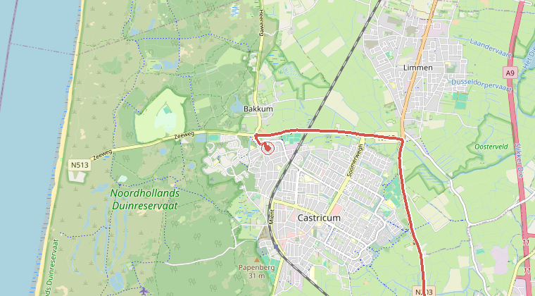 Kaart van de omgeving van de melding, met de kazerne die is gealarmeerd