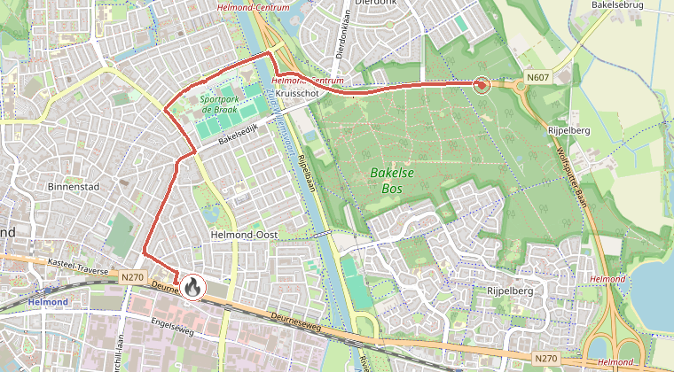Kaart van de omgeving van de melding, met de kazerne die is gealarmeerd