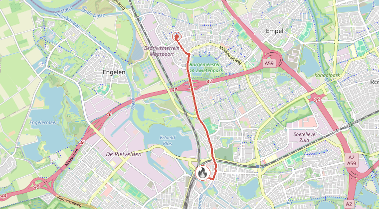 Kaart van de omgeving van de melding, met de kazerne die is gealarmeerd