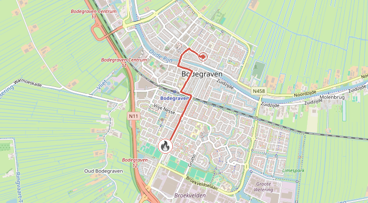 Kaart van de omgeving van de melding, met de kazerne die is gealarmeerd