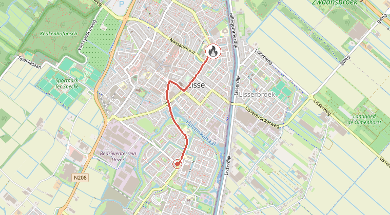Kaart van de omgeving van de melding, met de kazerne die is gealarmeerd