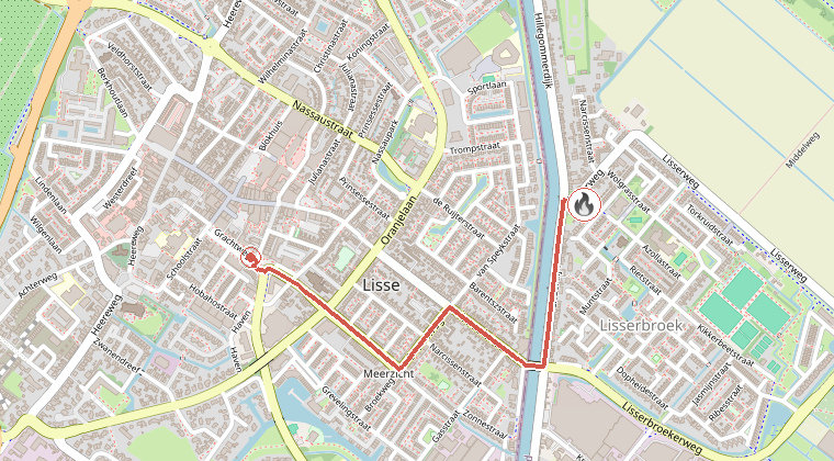 Kaart van de omgeving van de melding, met de kazerne die is gealarmeerd