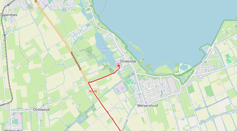 Kaart van de omgeving van de melding, met de kazerne die is gealarmeerd