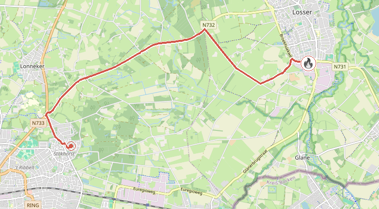Kaart van de omgeving van de melding, met de kazerne die is gealarmeerd