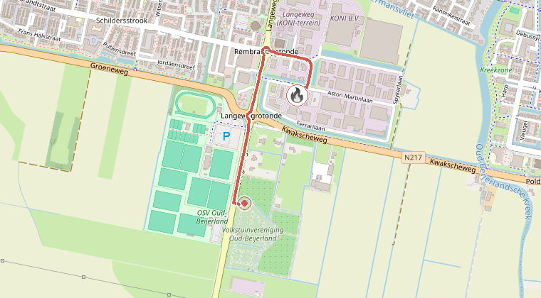 Kaart van de omgeving van de melding, met de kazerne die is gealarmeerd