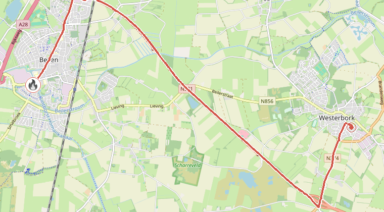 Kaart van de omgeving van de melding, met de kazerne die is gealarmeerd