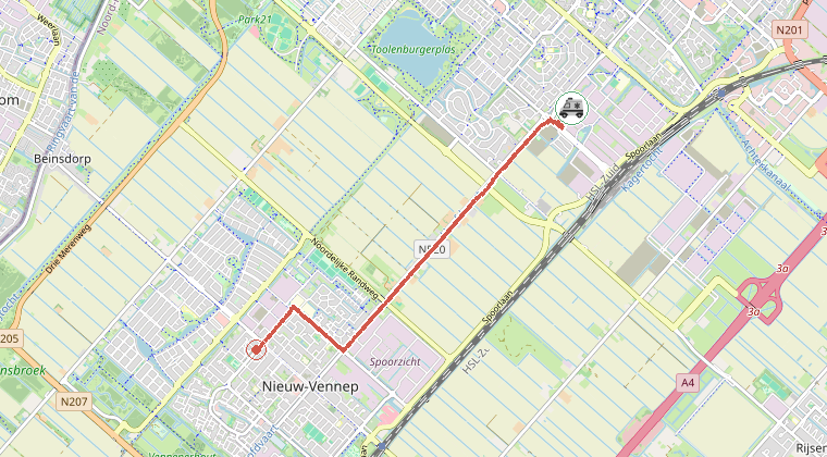 Kaart van de omgeving van de melding, met de kazerne die is gealarmeerd