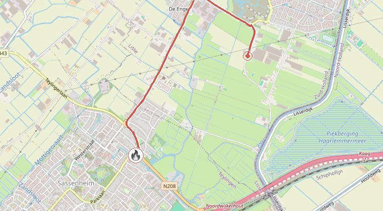 Kaart van de omgeving van de melding, met de kazerne die is gealarmeerd